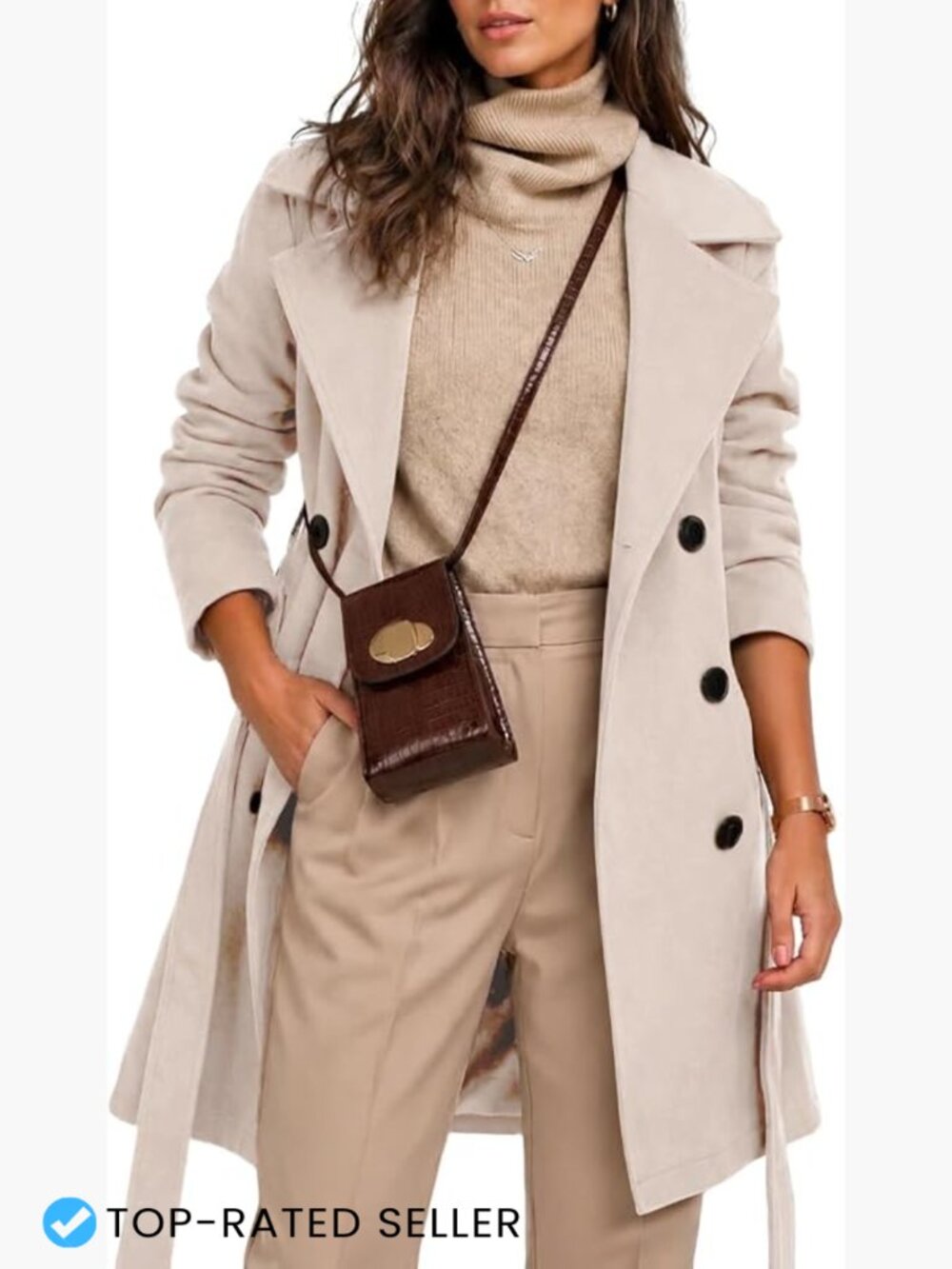 Wool Blend Double Breasted Midi Trench Coat Belted Business Casual Elegant